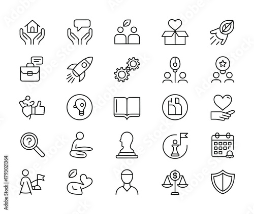 Charity support community care outline icons set for nonprofit and volunteer