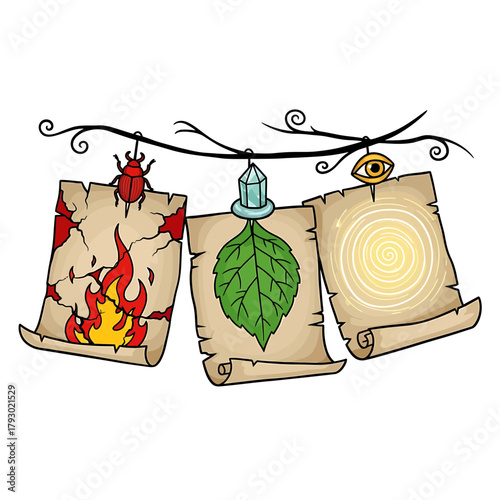 Four Element Symbols Hanging on Tree Branch – Magical Nature Design with Fire, Earth, Air, and Water Concepts

