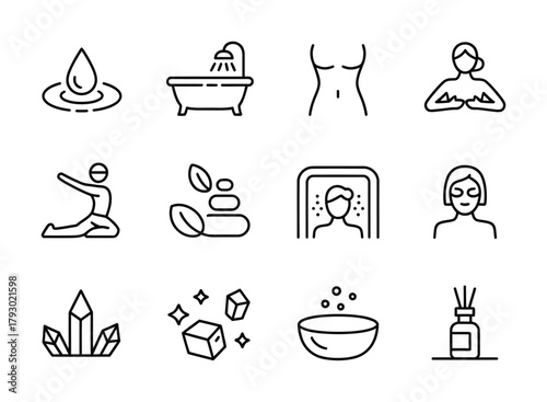 Spa wellness relaxation outline icons set for beauty and self care