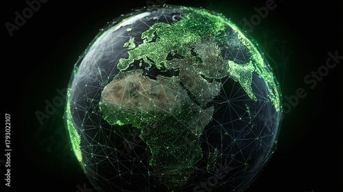 A digitally rendered illustration of earth in a network of connected nodes, highlighting technology, connectivity, and communication