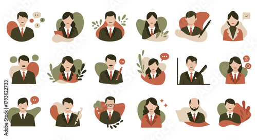 Collection of diverse business professional avatars featuring male and female corporate employee icons with communication and work elements