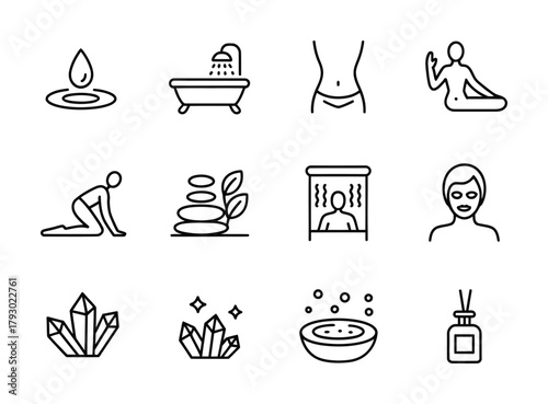 Spa wellness beauty therapy and relaxation line icon set