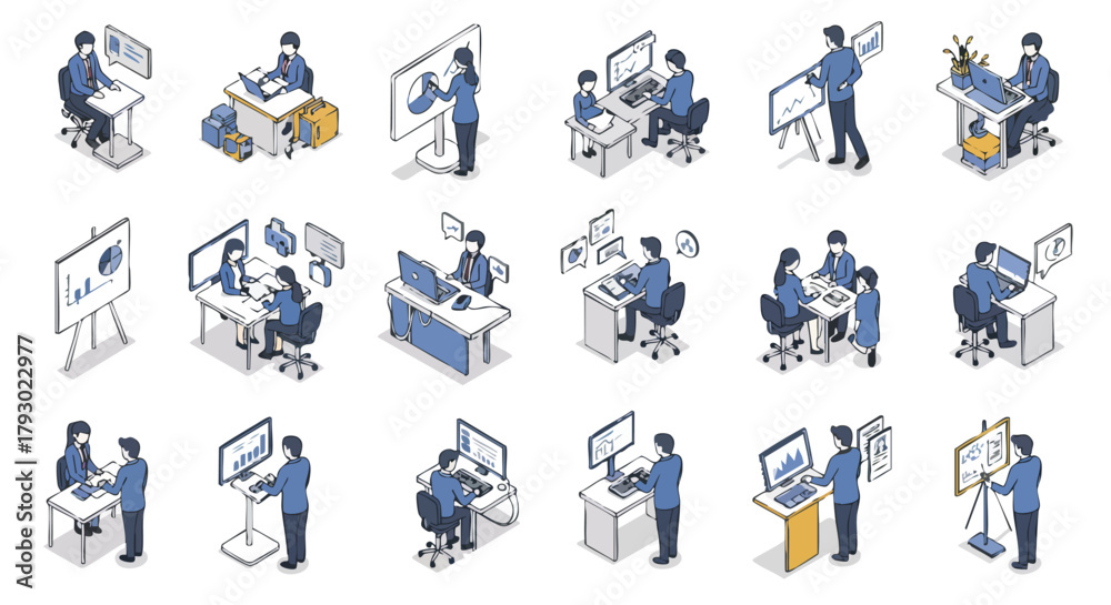 Fototapeta premium Isometric illustrations showcasing diverse business professionals engaged in collaborative office work and digital tasks using technology