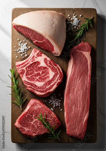 Variedade de cortes de carne bovina crua com sal grosso e alecrim sobre tábua de madeira