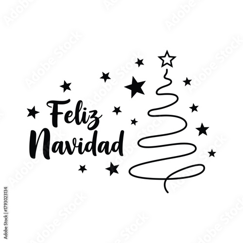 feliz navidad calligraphy with abstract christmas tree and stars vector illustration