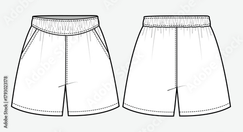 Women's boxer shorts front and back view flat sketch vector mockup template technical illustration.