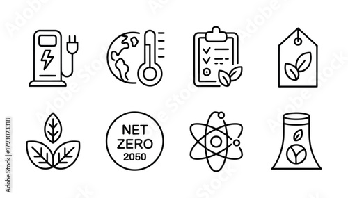 Eco energy sustainability and climate neutral line icon set