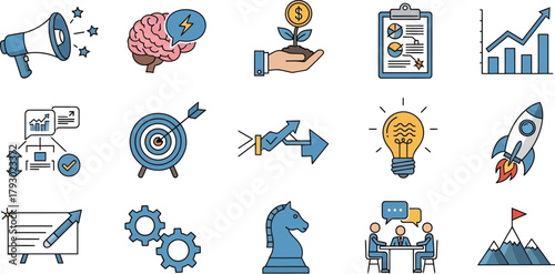 Colorful Business Concept Icons Set with Bullhorn, Brainstorming, Finance Growth