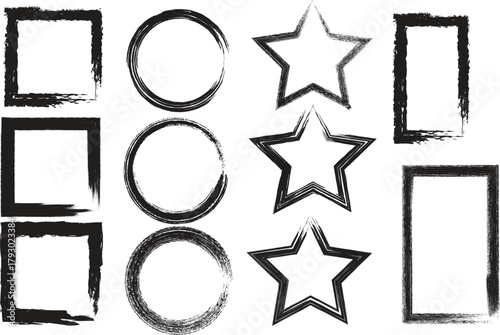 Abstract Shapes of Modernist Forms: a collection of hand-painted, abstract shapes: circles, squares, and stars. each stroke expressing texture. it shows Modernist forms with a tactile feel 