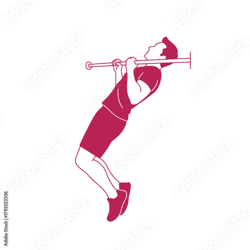 Man Performing PullUp Exercise on Bar Red Line Art.