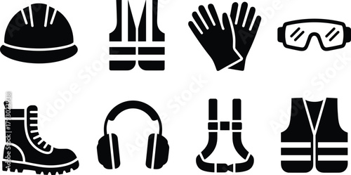 Construction safety icons, personal protective equipment, helmet, gloves, goggles, boots, harness, ear protection, safety vest, industrial worker protection, PPE gear.