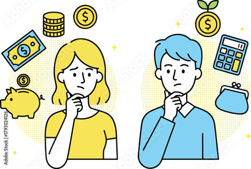 Financial Planning and Saving Concept. Worried Man and Woman Thinking About Money, Investment, Budgeting, Piggy Bank, and Personal Finance