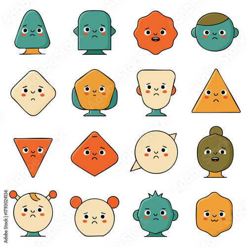 Collection of adorable and varied cartoon characters displaying melancholic expressions in a delightful array of geometric and abstract forms
