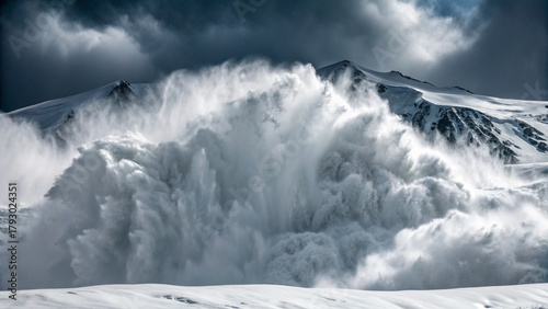 Massive avalanche cascading down snow-covered mountainside under dramatic stormy sky winter Background