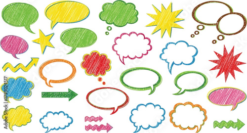 Colorful Chat Bubbles and Arrows Set, Hatch Marks, Hand Drawn Style, White Background