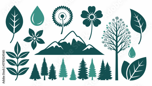 Illustration of nature elements including leaves, flowers, water droplets, mountains, and evergreen trees