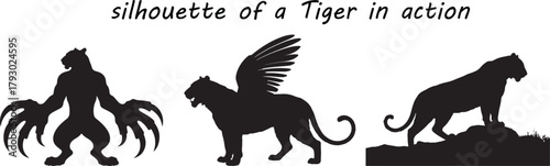 Three black tiger silhouettes with wings claws and on terrain vector animal