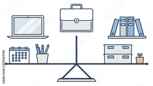 A balance scale with office supplies including a laptop briefcase and filing system on a white background
