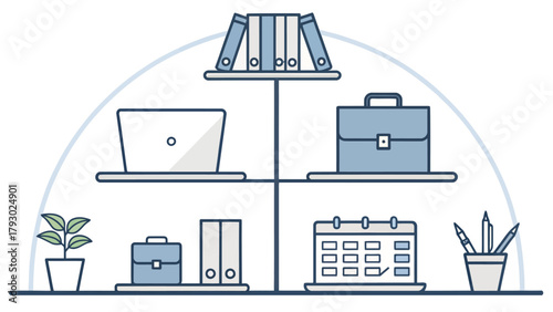 Illustration of office supplies on a shelf including a laptop briefcase and filing cabinets items office
