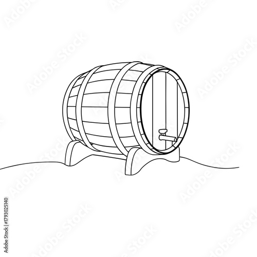 Wooden oak beer barrel in minimalist line art style  
