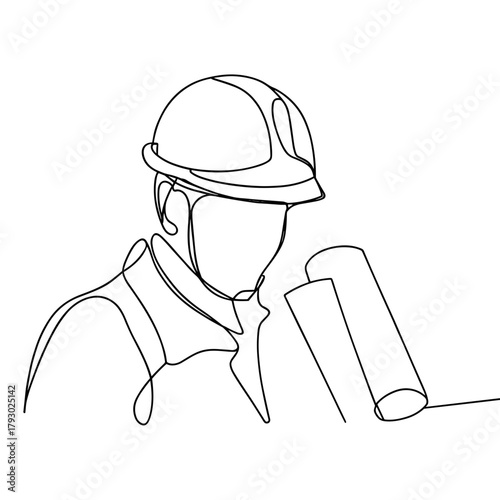 Outline of engineer wearing helmet and holding rolled blueprint  