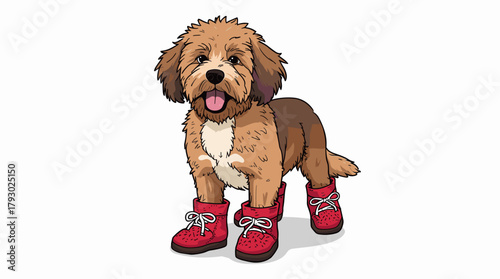 Playful fluffy cartoon dog with shaggy light brown fur and red winter shoes standing on white background