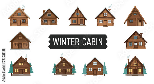 A delightful assortment of rustic wooden winter cabins and charming snow-covered houses perfect for a tranquil snowy retreat or cozy holiday season