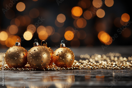Gleaming gold Christmas ornaments nestled amongst sparkling beads, evoking festive warmth and holiday cheer with soft bokeh lights