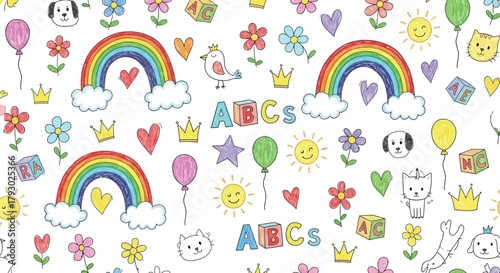 Colorful Rainbows, Hearts, Flowers, Balloons, Crowns, Animals on White Background Design