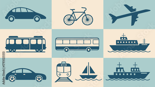 Illustration showing different modes of transportation including car bicycle airplane bus train and ships