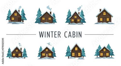 An idyllic array of charming winter cabins nestled within snowy landscapes featuring warmly lit windows and smoke from chimneys creating a festive