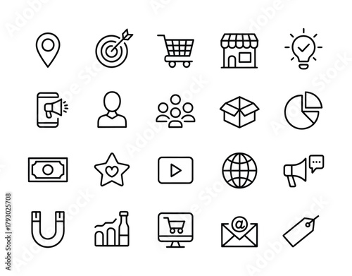 Marketing and e-commerce business line icon collection