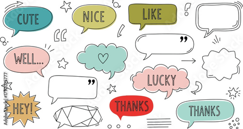 Colorful Speech Bubbles Set with Words, HandDrawn Style, and White Background