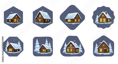 A captivating set of eight charming winter cabin illustrations featuring snow-covered log homes and serene frosted trees on unique dark backgrounds
