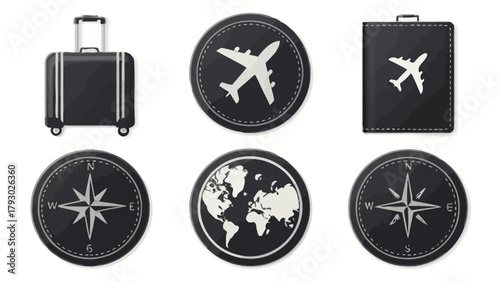 Illustration of travel icons including luggage airplane world map and compass for vacation planning and trips