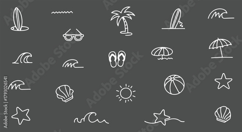 Sea beach, star, ball, waves, umbrella, coconut tree line art vector illustration design