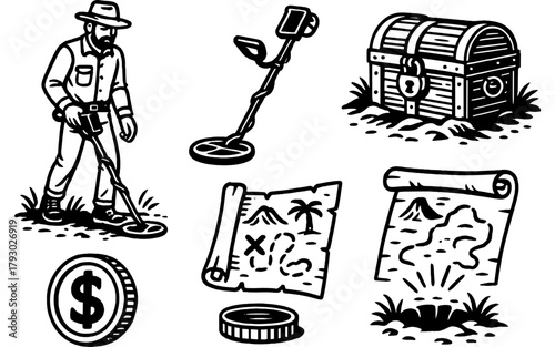 Treasure hunt exploration with metal detector and pirate map icons