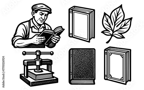 Vintage bookbinding icons: craftsman, books, leaf, and press design