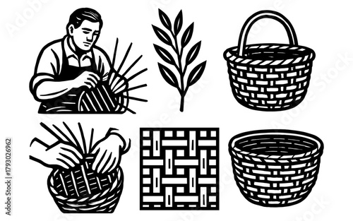 Traditional basket weaving elements with craftsman and woven patterns