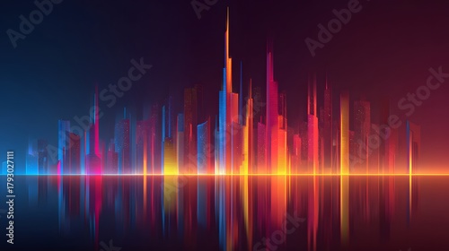 Towering structures of a metropolis reflect brightly upon calm water at twilight