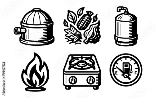Retro black and white energy icons set featuring gas, corn, and boiler