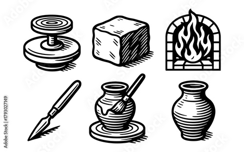 Handcrafted pottery elements in monochrome design for art and craft projects