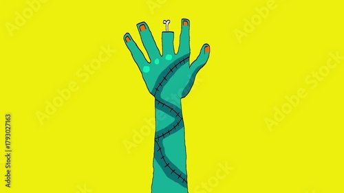 Bluish green zombie hands raised upwards, as if emerging from the ground or rising again perfect for halloween