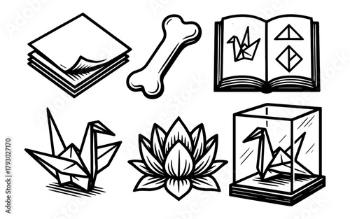 Origami art set: paper crane, folding guide, lotus, bone, display case