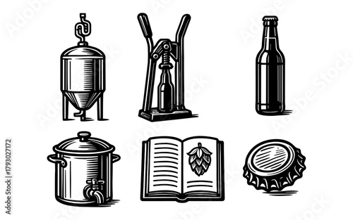 Craft beer vintage style: brewing icons and equipment in monochrome design