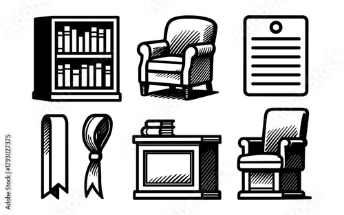 Vintage library icons set featuring armchair, bookshelf, and table in retro style