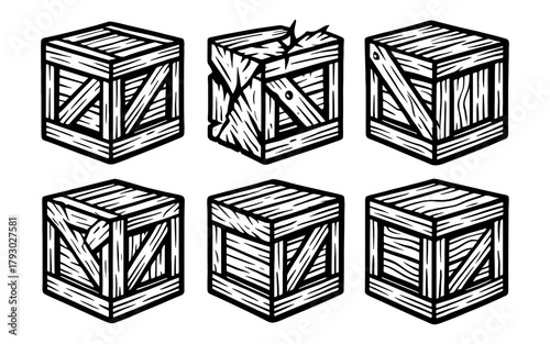 Wooden crate variations in black and white line art style