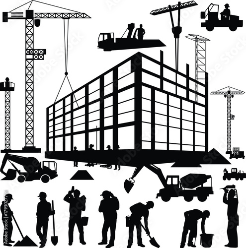 Construction site silhouette, workers, cranes, machinery, building framework, industrial scene, teamwork, labor force, civil engineering, urban development, heavy equipment, scaffolding,