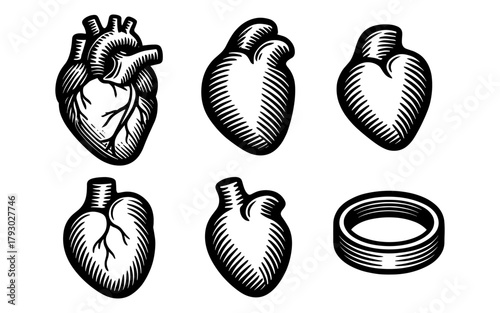 Set of vintage woodcut style heart illustrations with ring element