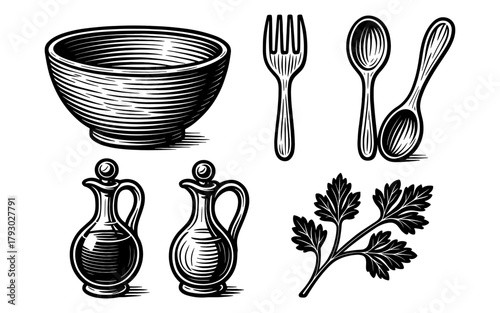 Vintage kitchen utensils and herbs with hand-drawn engraving style